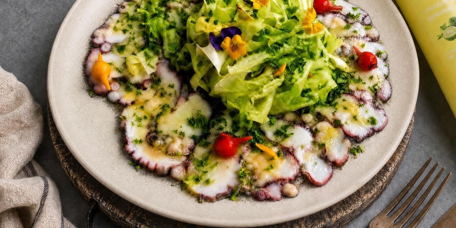 Carpaccio de Poulpe au vinaigre de Bergamote 1 carpaccio de poulpe bergamote La Maison Des Grands Lacs