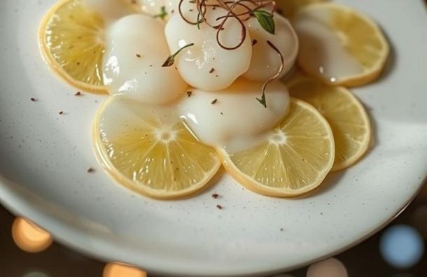 Burrata, tomates anciennes et réduction de vinaigre de bergamote 3 Carpaccio de Saint Jacques a la bergamote et au poivre Timut La Maison Des Grands Lacs