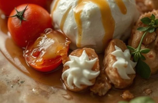 Burrata, tomates anciennes et réduction de vinaigre de bergamote 1 Burrata tomates anciennes et reduction de vinaigre de bergamote La Maison Des Grands Lacs