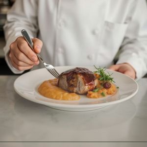 Filet mignon de porc laqué au vinaigre de fruits rouges, purée de patate douce