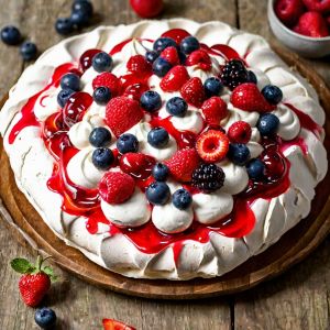 Pavlova légère aux fruits rouges et réduction de vinaigre de fruits rouges