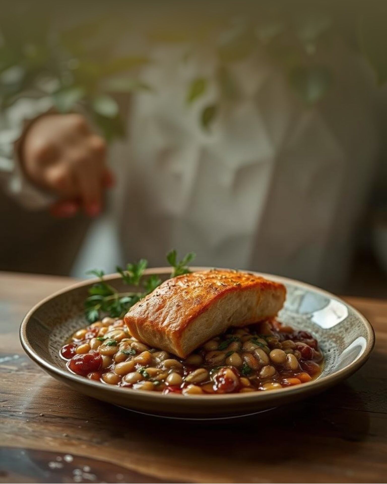 Pavé de saumon rôti, lentilles au vinaigre de cassis noir et herbes fraîches