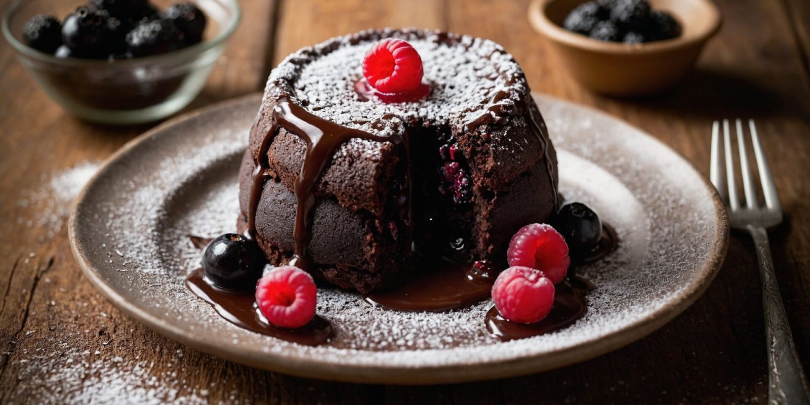 Moelleux chocolat noir, cœur coulant cassis & vinaigre de cassis noir.