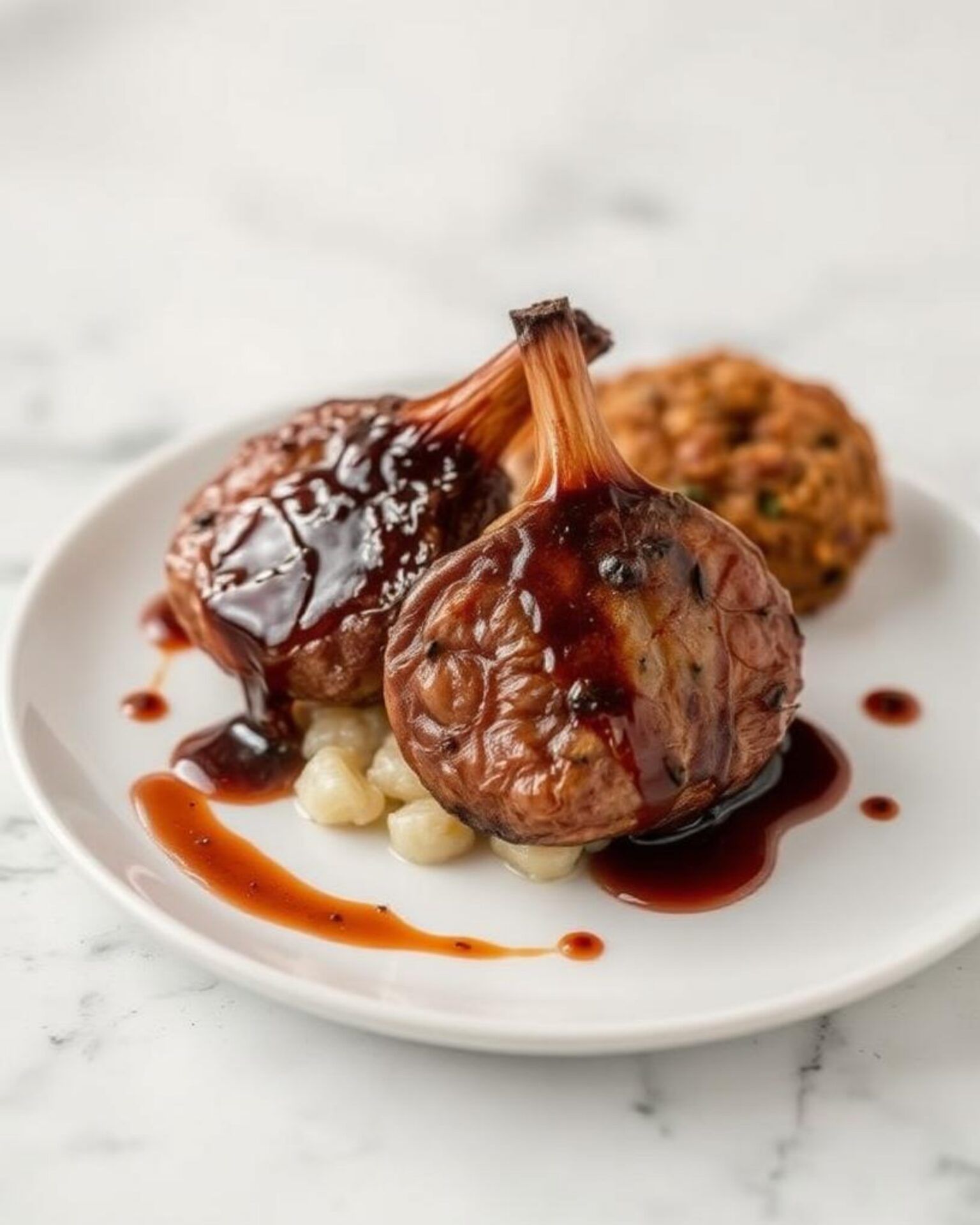 Côtelettes d’agneau, jus au vinaigre de cassis noir et écrasé de pommes de terre