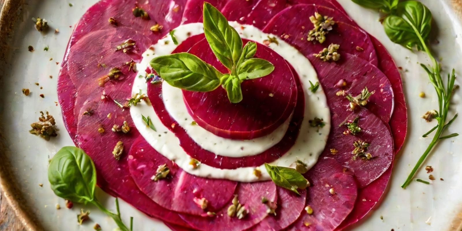 Carpaccio de betterave, fromage frais et réduction de vinaigre de fruits rouges