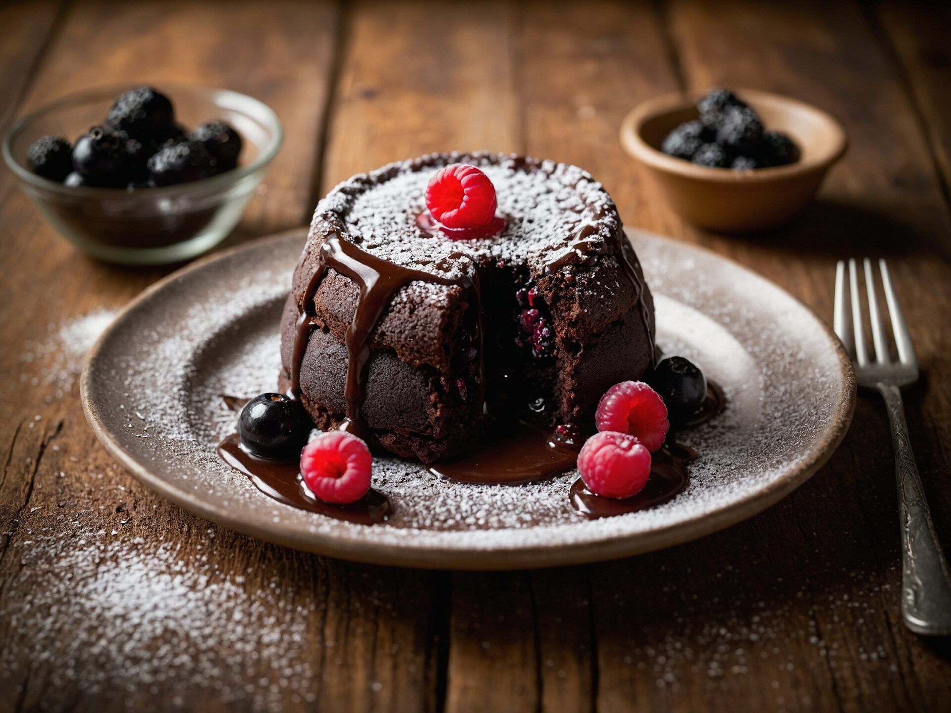 Moelleux chocolat noir, cœur coulant cassis & vinaigre de cassis noir.