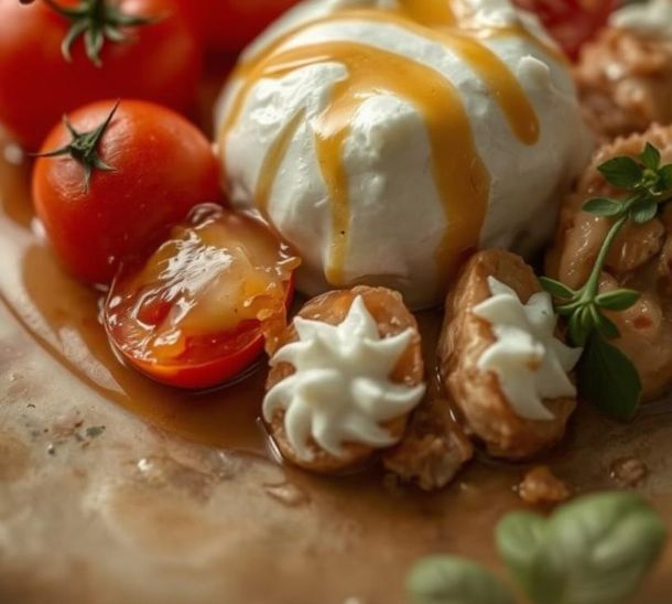 Burrata, tomates anciennes et réduction de vinaigre de bergamote