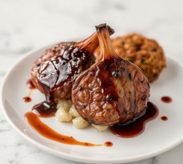 Côtelettes d’agneau, jus au vinaigre de cassis noir et écrasé de pommes de terre