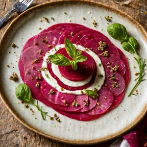 Carpaccio de betterave, fromage frais et réduction de vinaigre de fruits rouges