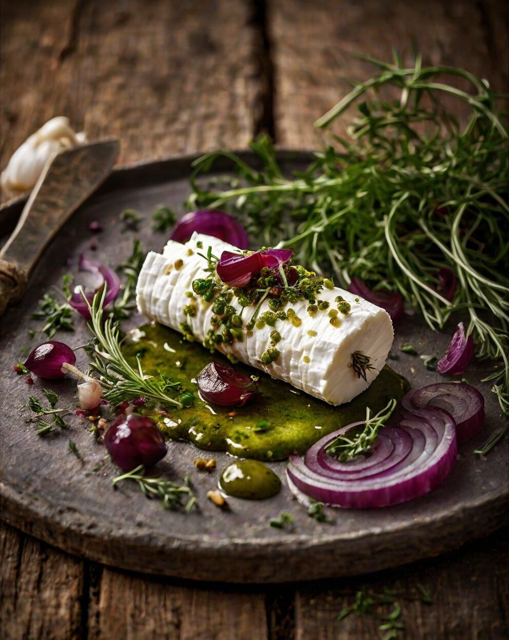 Chèvre frais roulé aux herbes, confit d’échalotes au vinaigre de cassis noir