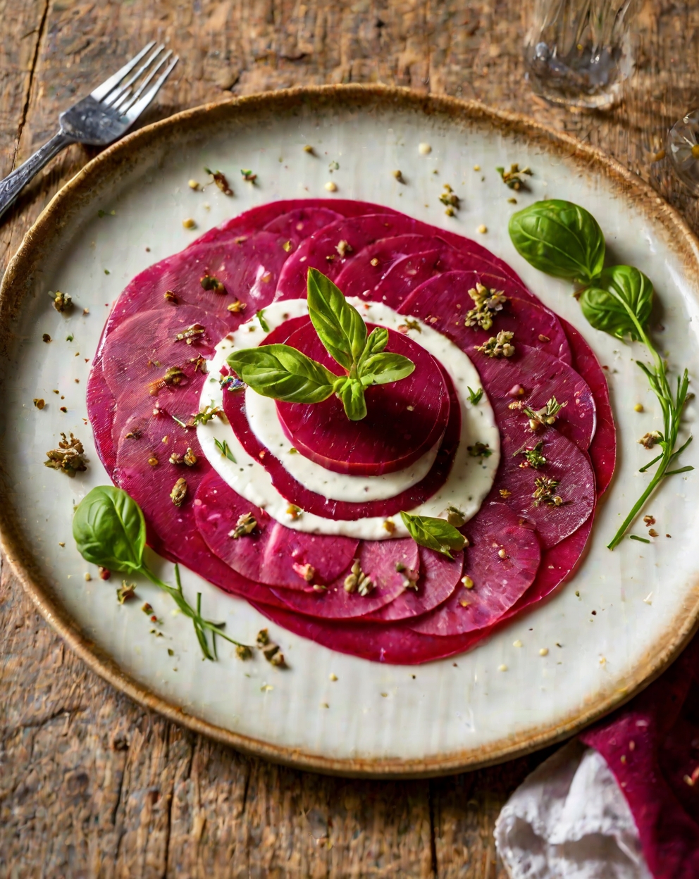 Carpaccio de betterave, fromage frais et réduction de vinaigre de fruits rouges