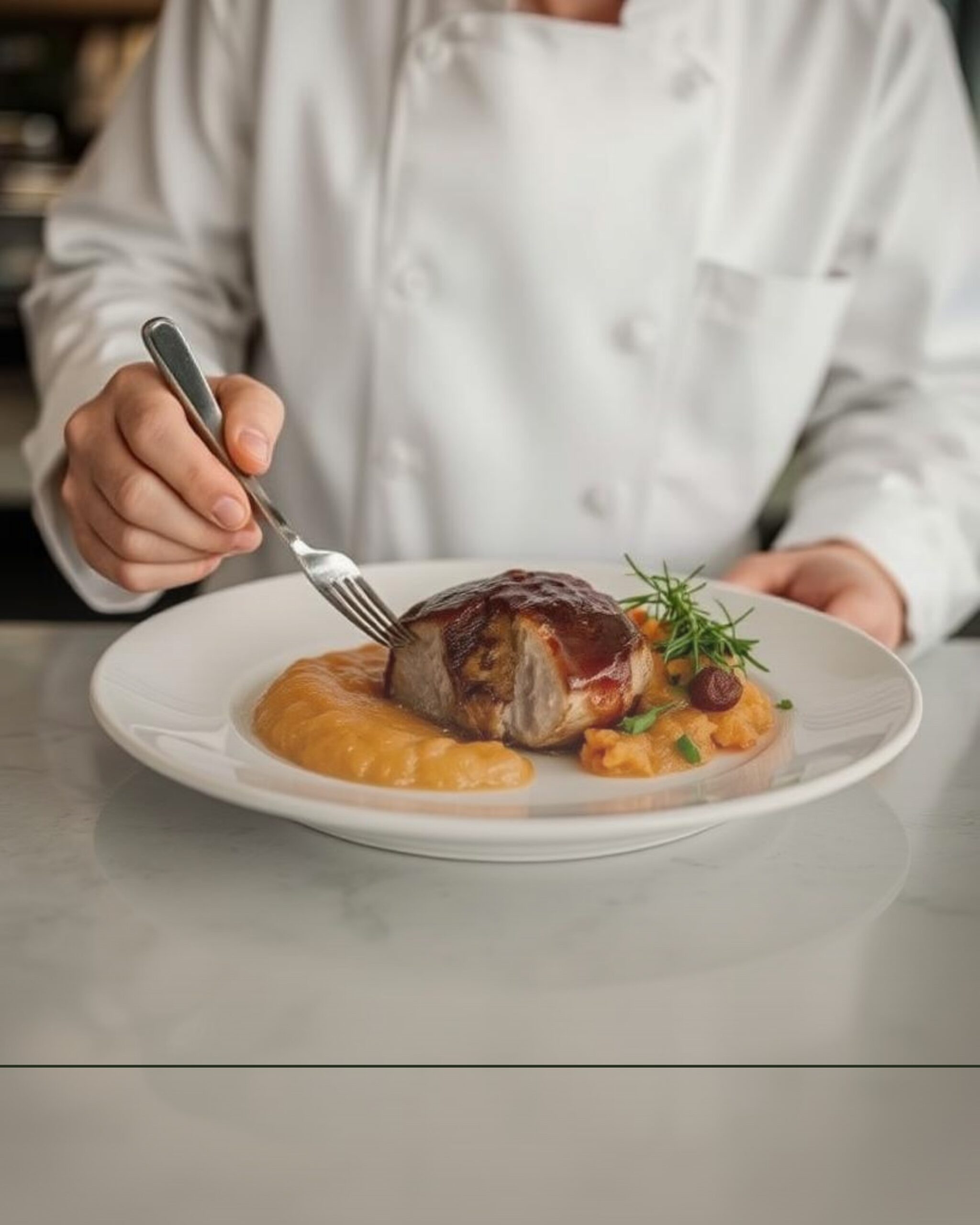 Filet mignon de porc laqué au vinaigre de fruits rouges, purée de patate douce
