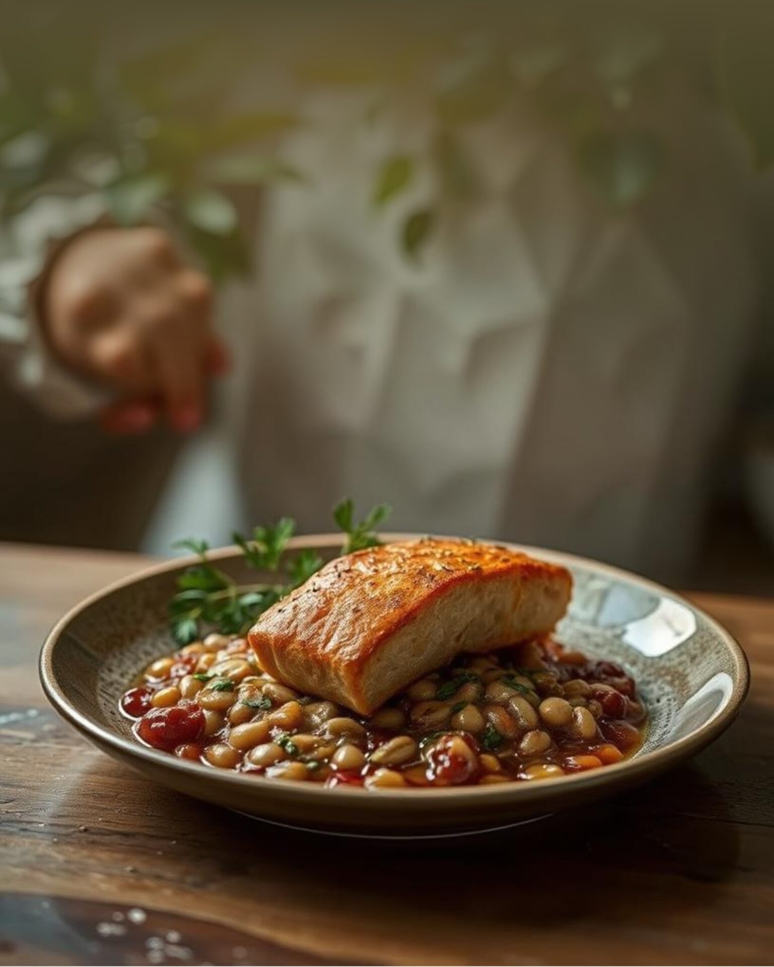 Pavé de saumon rôti, lentilles au vinaigre de cassis noir et herbes fraîches