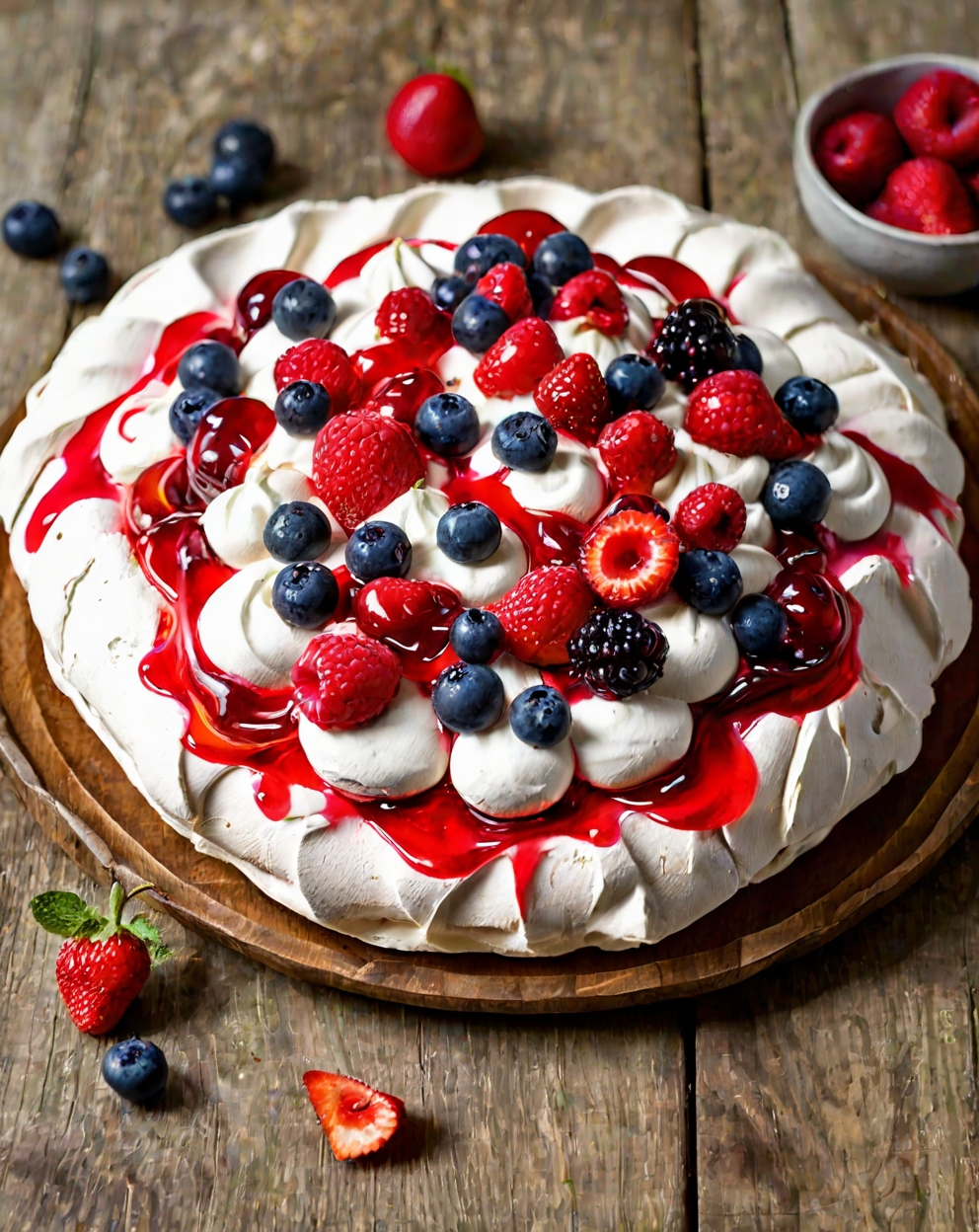 Pavlova légère aux fruits rouges et réduction de vinaigre de fruits rouges