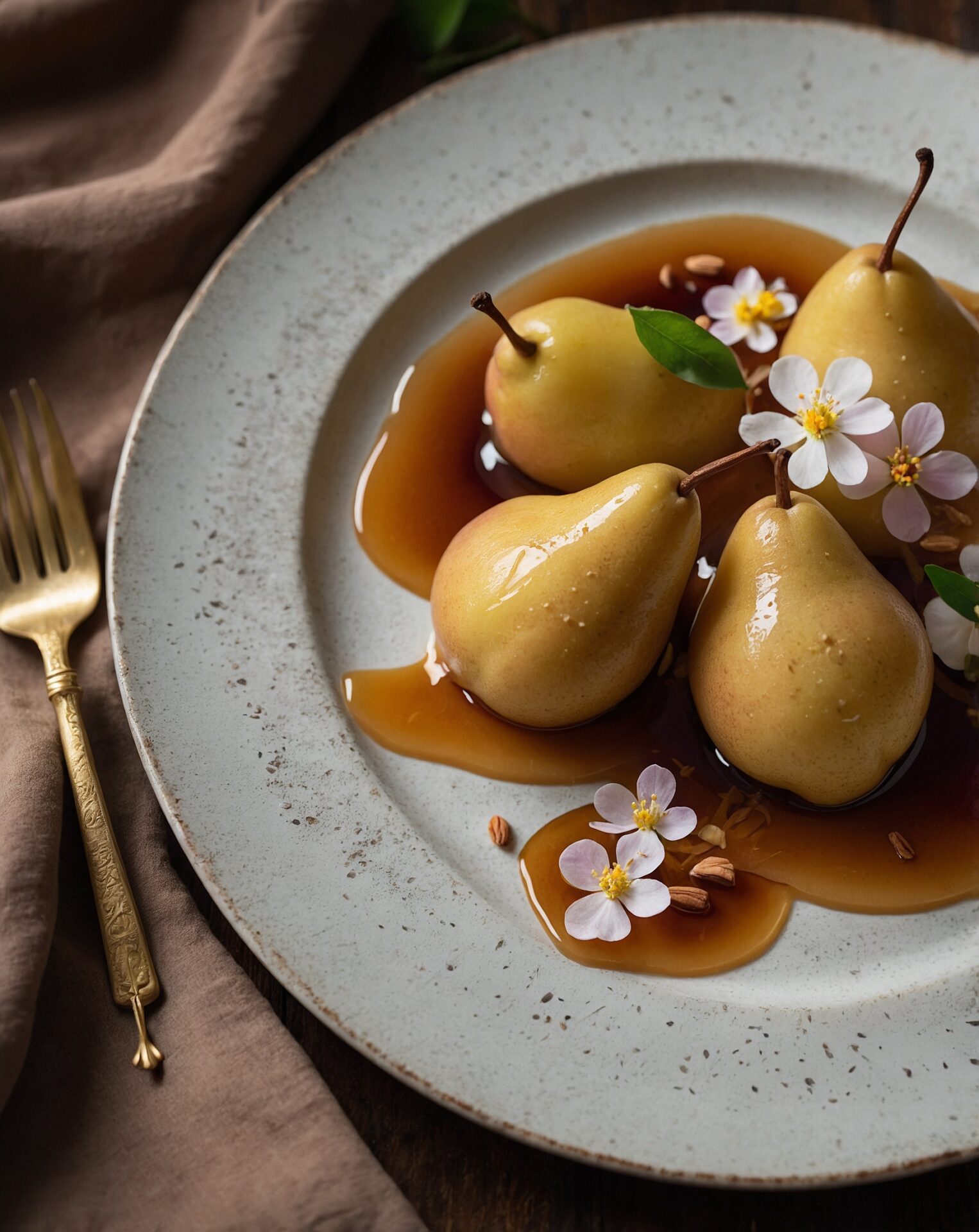 Poires pochées au vinaigre cassis noir