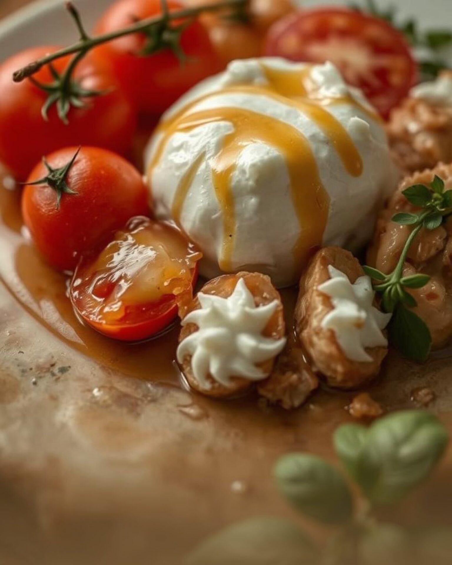Burrata, tomates anciennes et réduction de vinaigre de bergamote