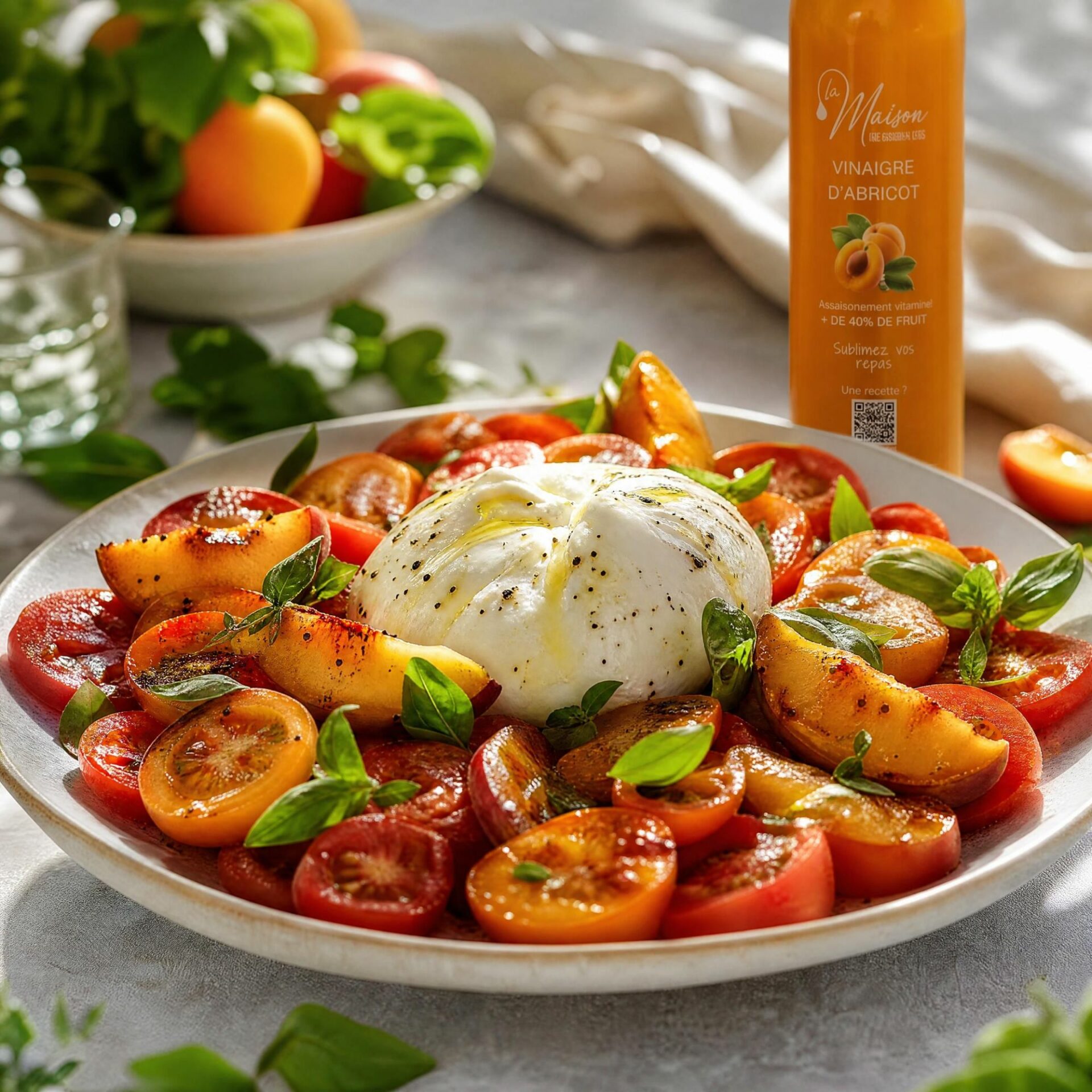 Salade de tomates, burrata, basilic et nectarines rôties, assaisonnée au vinaigre d'abricot La Maison Des Grands Lacs