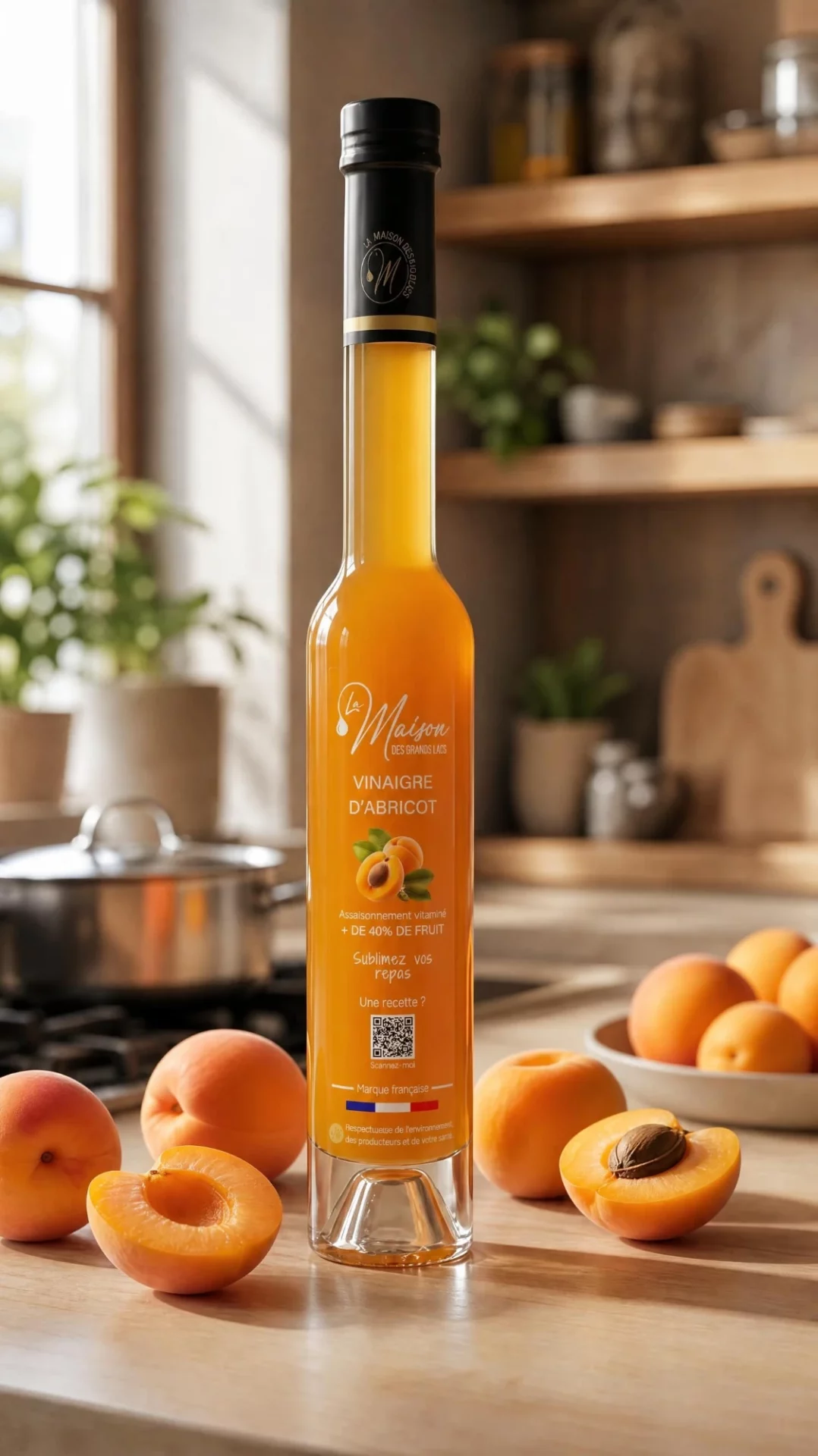 Vinaigre d'abricot 1 Bouteille de vinaigre d'abricot La Maison Des Grands Lacs entourée d'abricots dans une cuisine