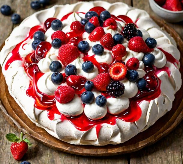 Pavlova légère aux fruits rouges et réduction de vinaigre de fruits rouges