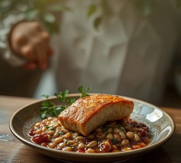 Pavé de saumon rôti, lentilles au vinaigre de cassis noir et herbes fraîches