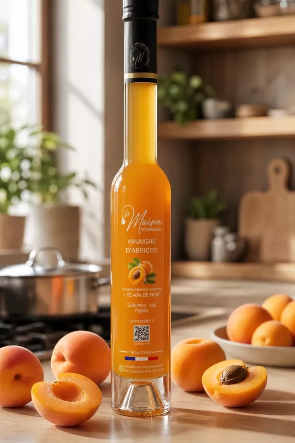 Bouteille de vinaigre d'abricot La Maison Des Grands Lacs entourée d'abricots dans une cuisine