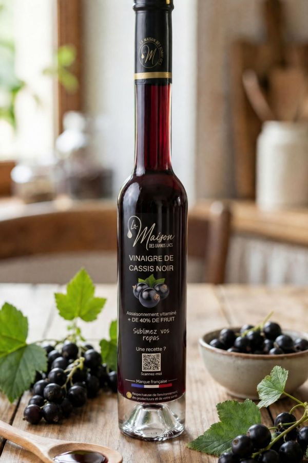 Bouteille de vinaigre de cassis noir La Maison Des Grands Lacs entourée de grappes de cassis sur une table en bois