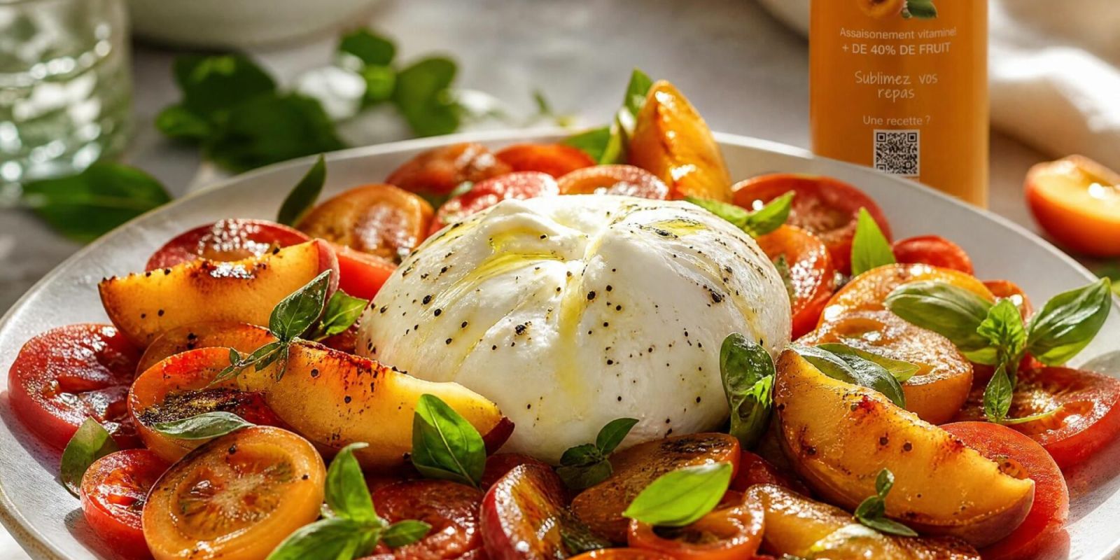 Salade Tomates, Burrata & Basilic - Vinaigre d’Abricot 1 Salade de tomates, burrata, basilic et nectarines rôties, assaisonnée au vinaigre d'abricot La Maison Des Grands Lacs