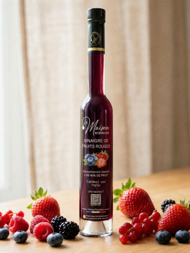Vinaigre à la pulpe de citron Kalamansi 8 Bouteille de vinaigre de fruits rouges La Maison Des Grands Lacs entourée de fraises, framboises et myrtilles