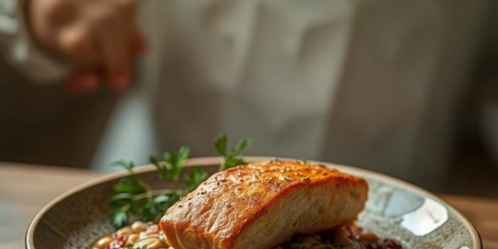 Pavé de saumon rôti, lentilles au vinaigre de cassis noir et herbes fraîches 1 Pavé de saumon rôti, lentilles au vinaigre de cassis noir et herbes fraîches