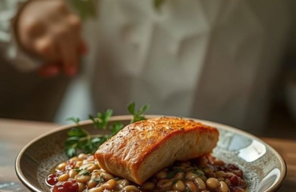 Pave de saumon roti lentilles au vinaigre de cassis noir et herbes fraiches 834f3227 La Maison Des Grands Lacs