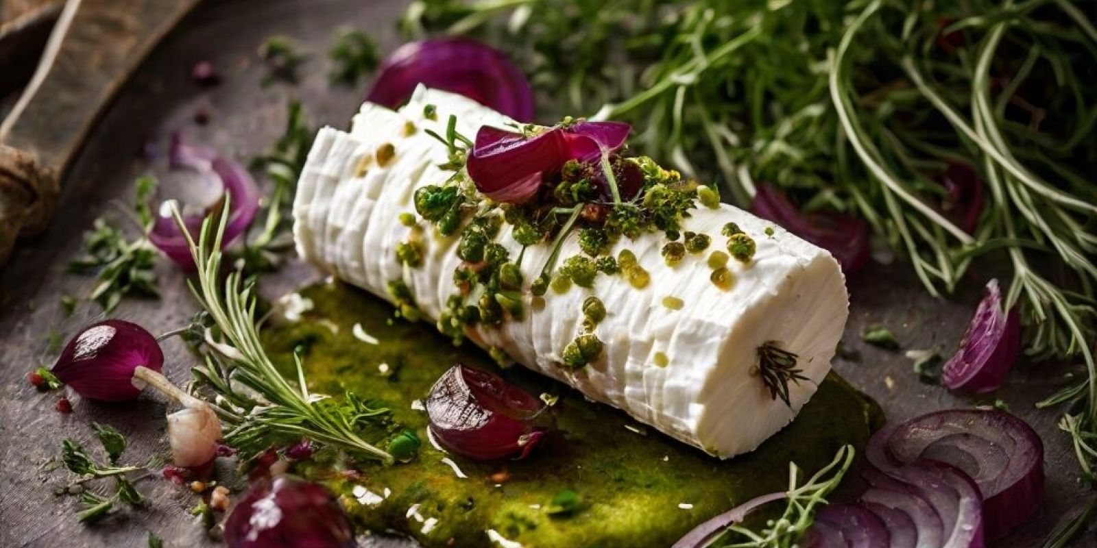 Chèvre frais roulé aux herbes, confit d’échalotes au vinaigre de cassis noir