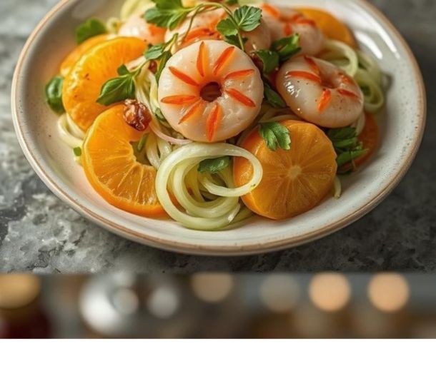 Salade de fenouil, orange, crevettes et vinaigre de bergamote