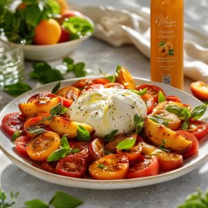 Salade Tomates, Burrata & Basilic - Vinaigre d’Abricot 3 Salade de tomates, burrata, basilic et nectarines rôties, assaisonnée au vinaigre d'abricot La Maison Des Grands Lacs