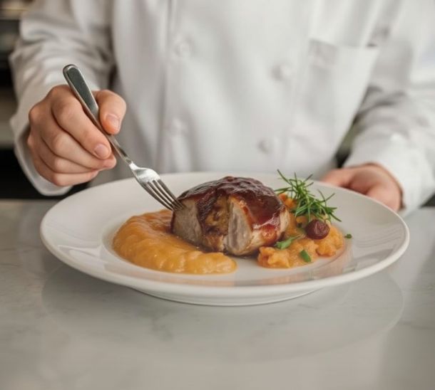 Filet mignon de porc laqué au vinaigre de fruits rouges, purée de patate douce