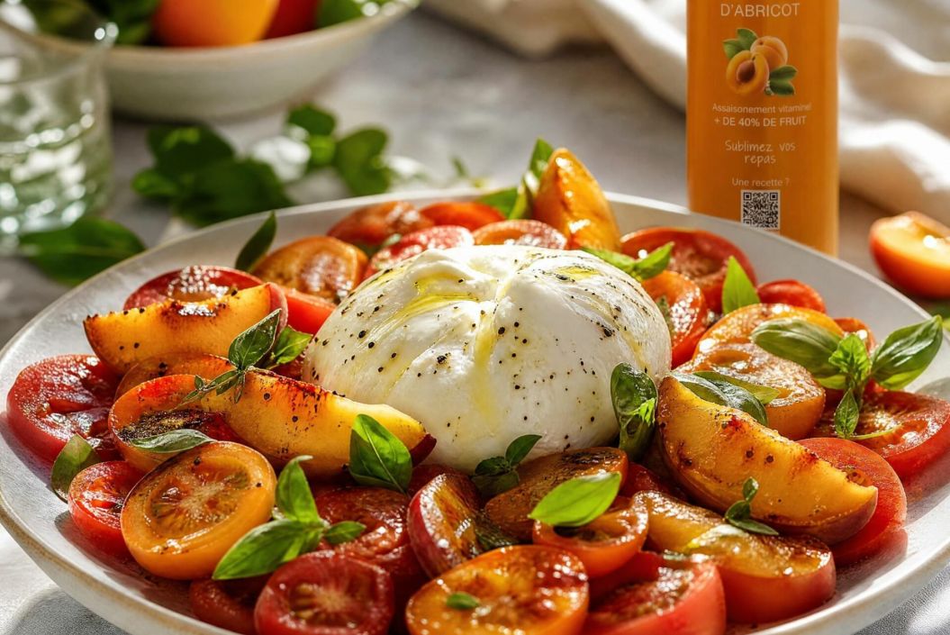 Salade de tomates, burrata, basilic et nectarines rôties, assaisonnée au vinaigre d'abricot La Maison Des Grands Lacs
