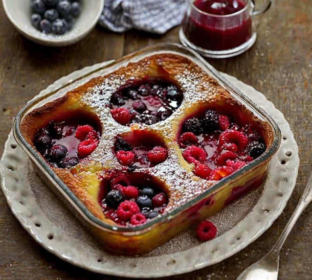 Clafoutis moelleux aux fruits rouges et touche de vinaigre