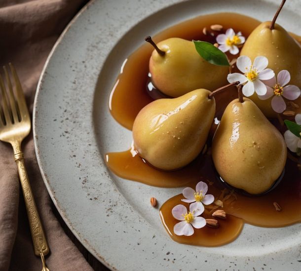 Poires pochées au vinaigre cassis noir