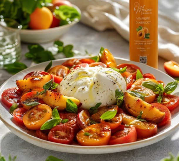 Salade de tomates, burrata, basilic et nectarines rôties, assaisonnée au vinaigre d'abricot La Maison Des Grands Lacs