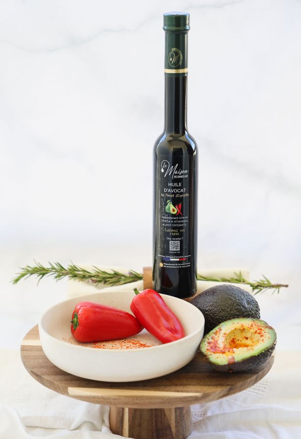 Assortiment de vinaigres saveurs du Terroir 20 Huile vierge d’avocat au piment d’Espelette