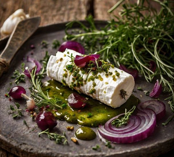 Chèvre frais roulé aux herbes, confit d’échalotes au vinaigre de cassis noir