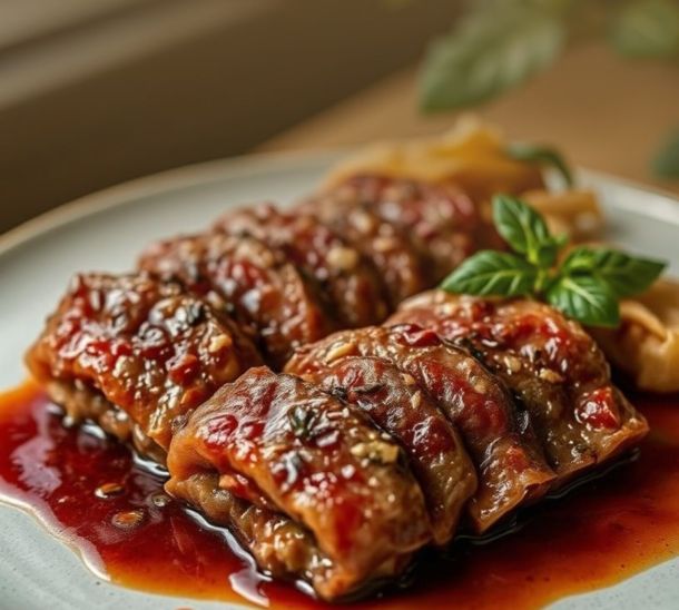 Tournedos de bœuf, réduction de vinaigre de cassis noir, échalotes confites