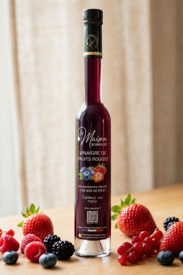Bouteille de vinaigre de fruits rouges La Maison Des Grands Lacs entourée de fraises, framboises et myrtilles