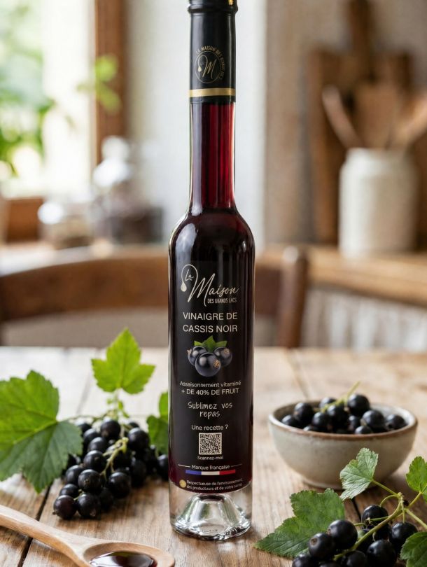 Bouteille de vinaigre de cassis noir La Maison Des Grands Lacs entourée de grappes de cassis sur une table en bois