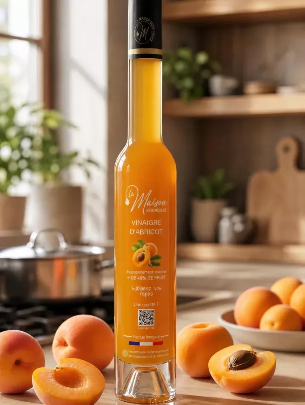 Bouteille de vinaigre d'abricot La Maison Des Grands Lacs entourée d'abricots dans une cuisine